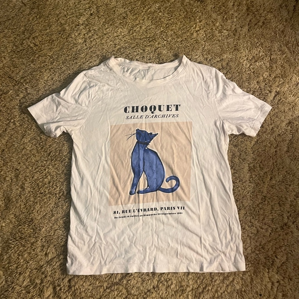 White T-Shirt with Blue Cat Graphic